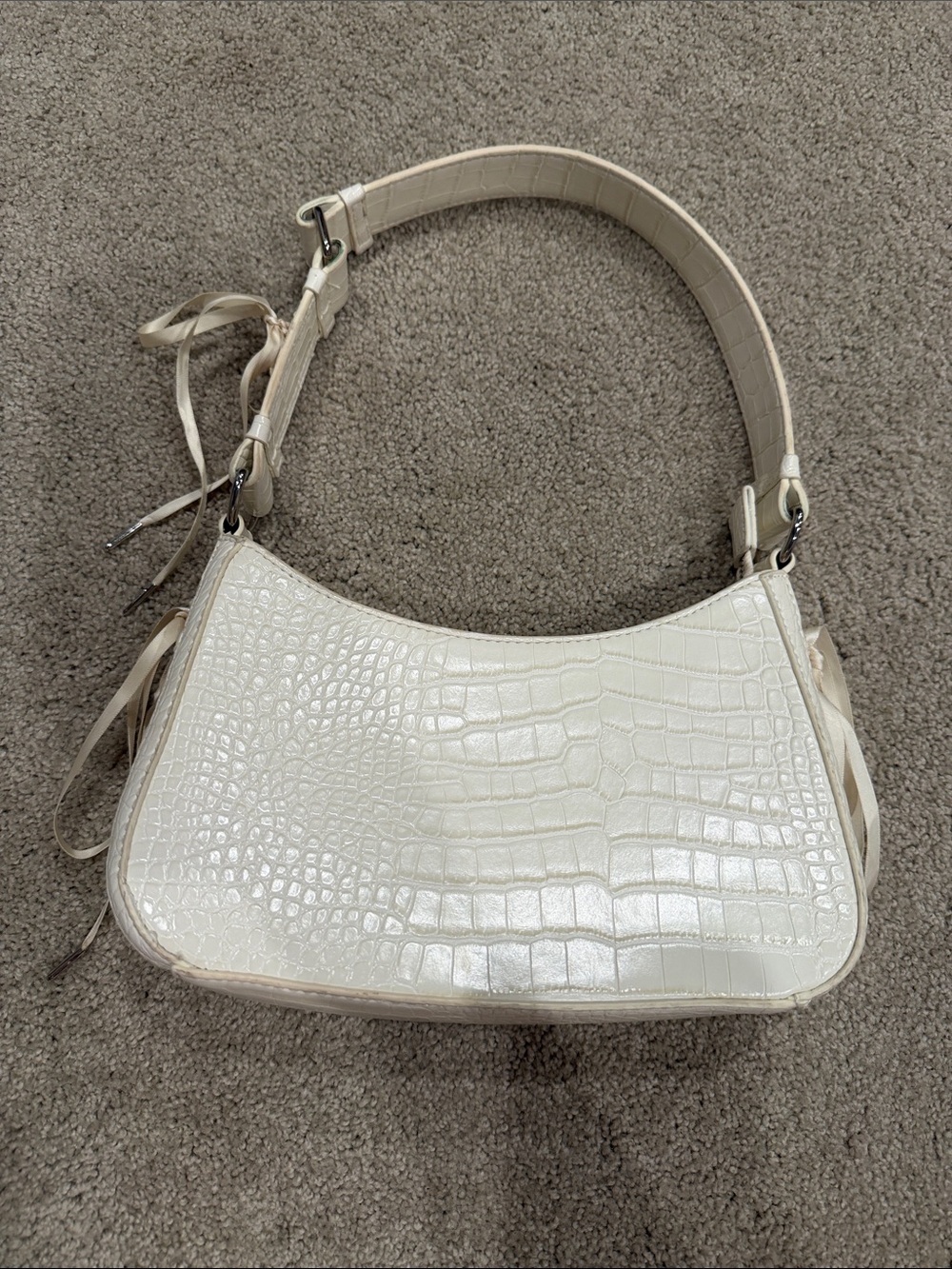 Cream Croc-Embossed Shoulder Bag